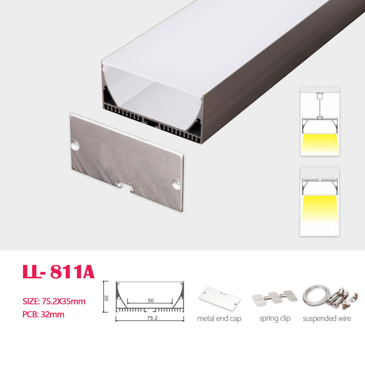 1M (3.28FT) 75MM*35MM Square  Aluminum Profile with Flat PC cover and Suspension wire and Pendant Hardware for Hanging or Surface Mounted LED linear Lighting