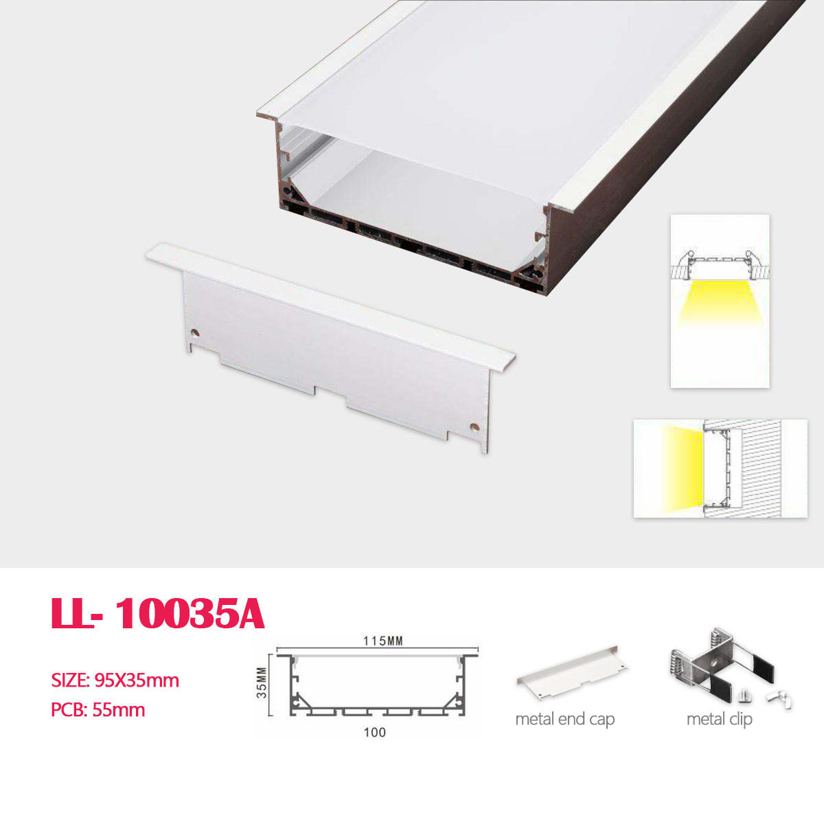 1M (3.28FT)115MM*35MM Square Aluminum Profile with Flat PC cover and Clips, , Recessed Mounting with Pendant Hardware Included