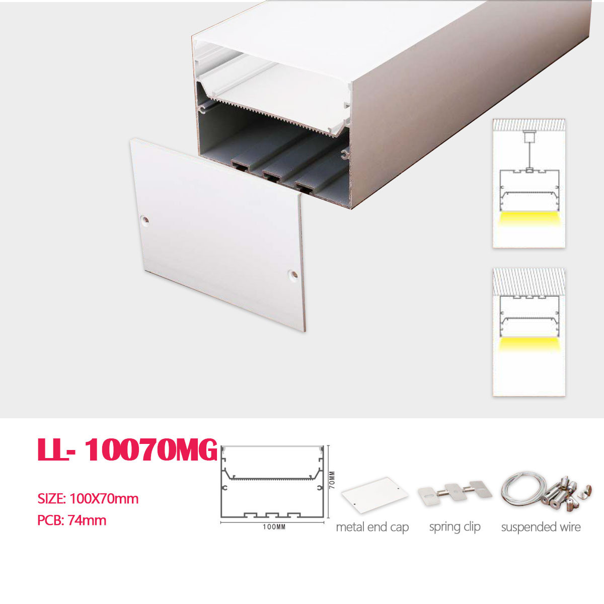 1M (3.28FT) 100MM*70MM Square Double-layer Aluminum Profile with Flat cover,  wire and Hardware for Hanging or Surface Mounted LED Linear Lighting