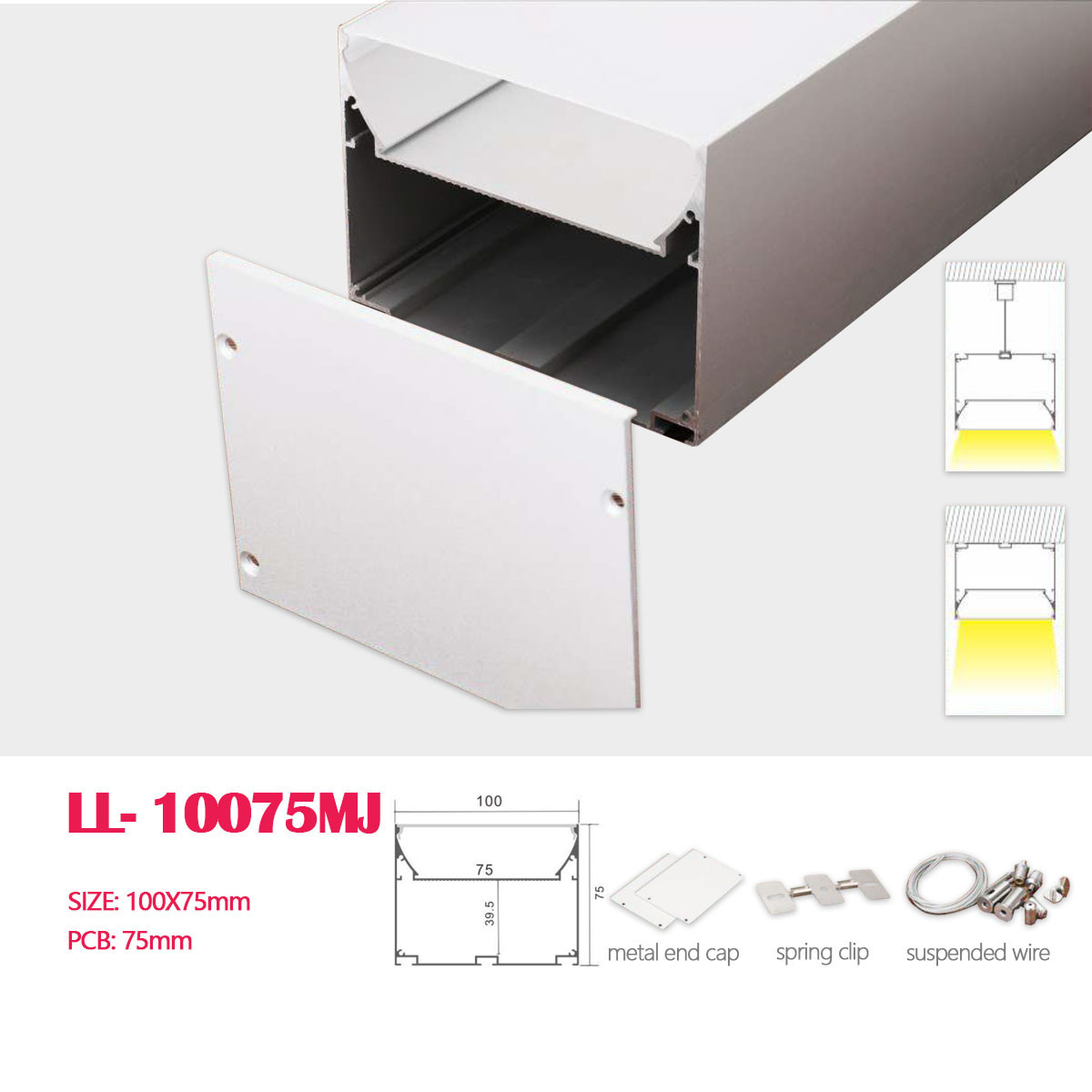 1M (3.28FT)100MM*75MM Square Double-layer Aluminum Profile with Flat PC cover and Suspension wire, Suspended Mounting with Pendant Hardware for Hanging or Surface Mounted LED Lighting