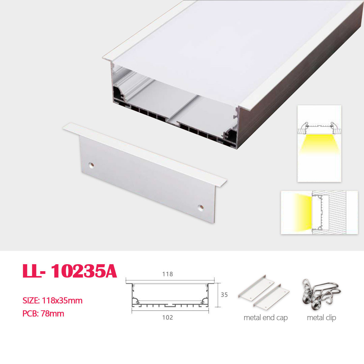 1M (3.28FT) 118MM*35MM Square Aluminum Profile with Flat PC cover  and Clips and Pendant Hardware for Recessed LED Linear lighting