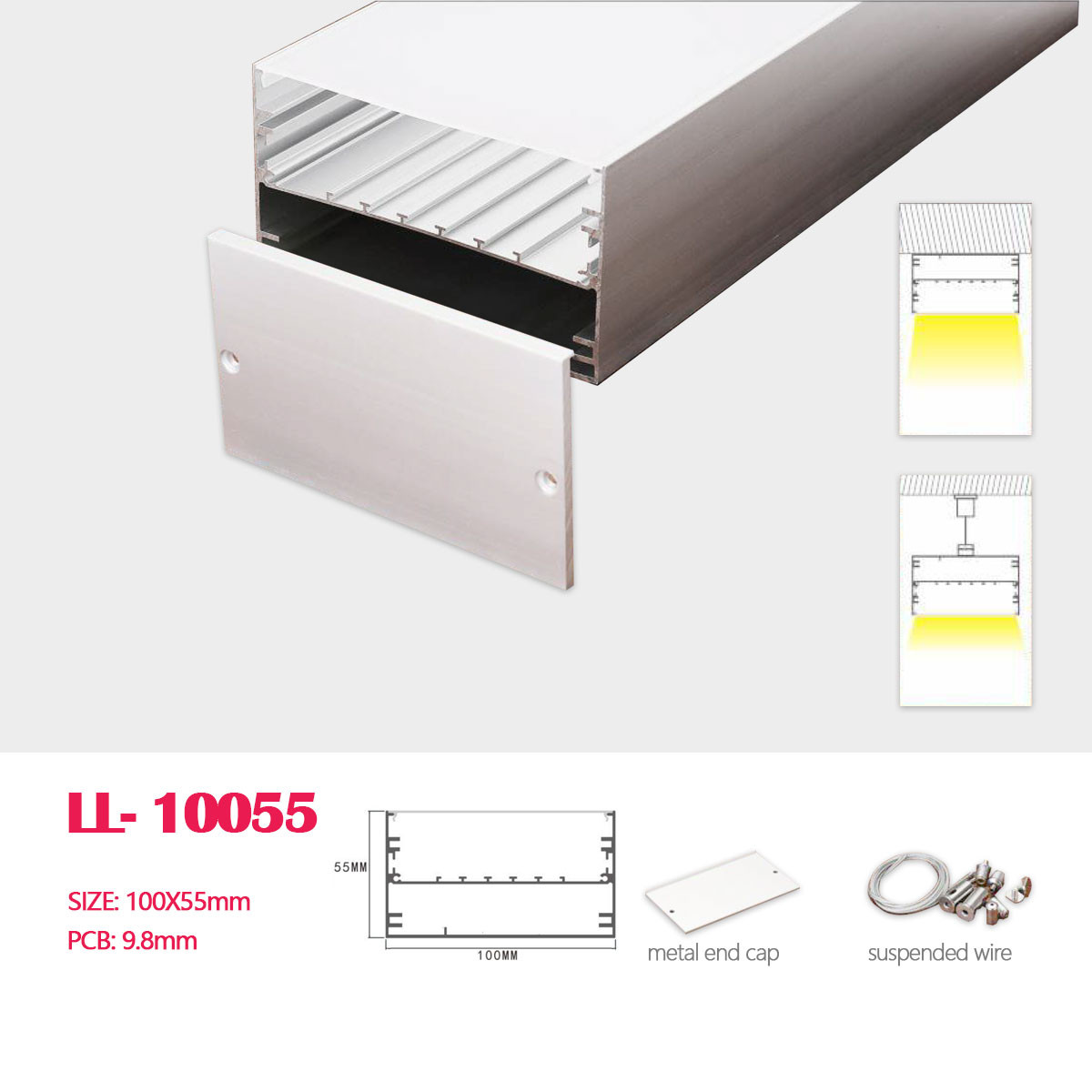 1M (3.28FT) 100MM*55MM Square Double-layer Aluminum Profile with Flat  cover ,  wire and Hardware for Hanging or Surface Mounted Linear Lighting