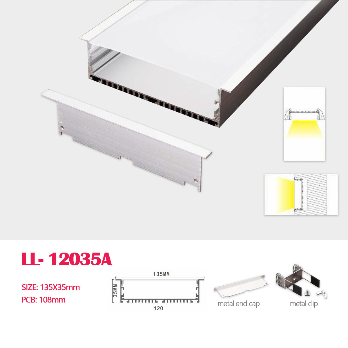 1M (3.28FT) 135MM*35MM Square Extruded Aluminum Profile with Flat PC cover and Clips, Recessed Mounting with Pendant Hardware Included