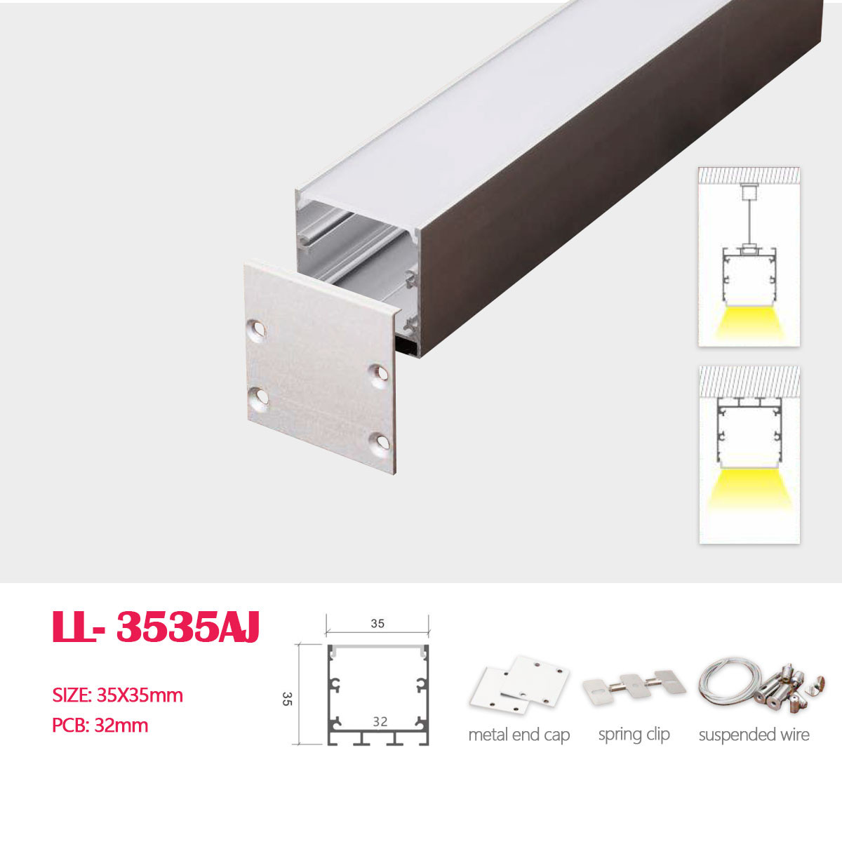 1M(3.28FT) 35MM*35MM  Hanging or Surface Mounted LED Aluminum Profile with Flat Cover with Metal Fittings for LED Strip Lighting Installation