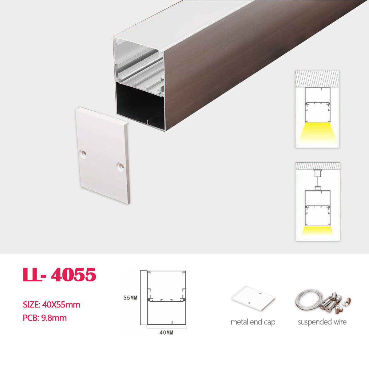 1.18M (3.87FT) 40MM*55MM Hanging or Surface Mounted Aluminum Profile with Flat  Cover, Matel end cap and Suspended wire  for LED Strip Lighting Application