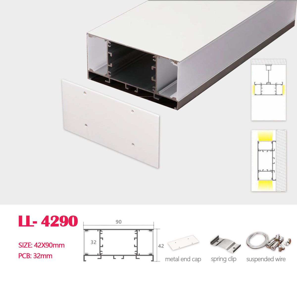 1M (3.28FT) 42MM*90MM Hanging or Wall-Mounted Double-layer Langed  Aluminum Profile with Up & Down covers , Suface Mounted with Clips for Dual-Side  LED Linear Lighting Applications