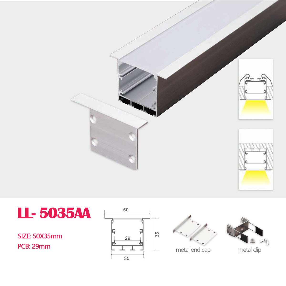 1M (3.28FT) 50MM*35MM  Square Aluminum Flanged Profile with Flat   cover for Recessed Linear lighting installation