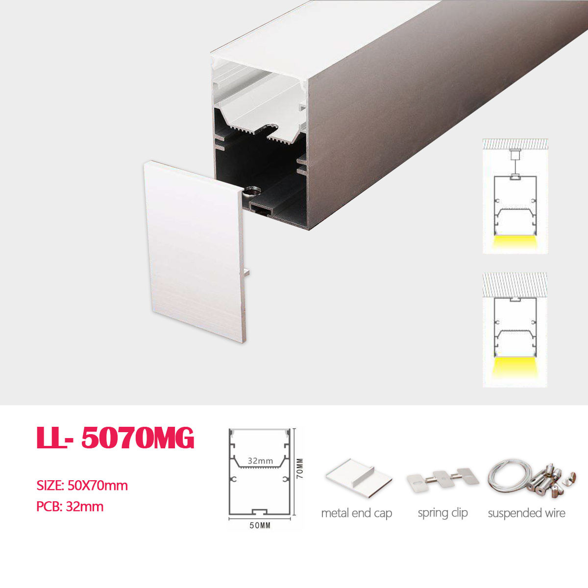 1M (3.28FT) 50MM*70MM Square Double-layer Aluminum Profile with Flat  cover and Matel  Accessories for  Suspended or Recessed LED Strip Lighting  Application