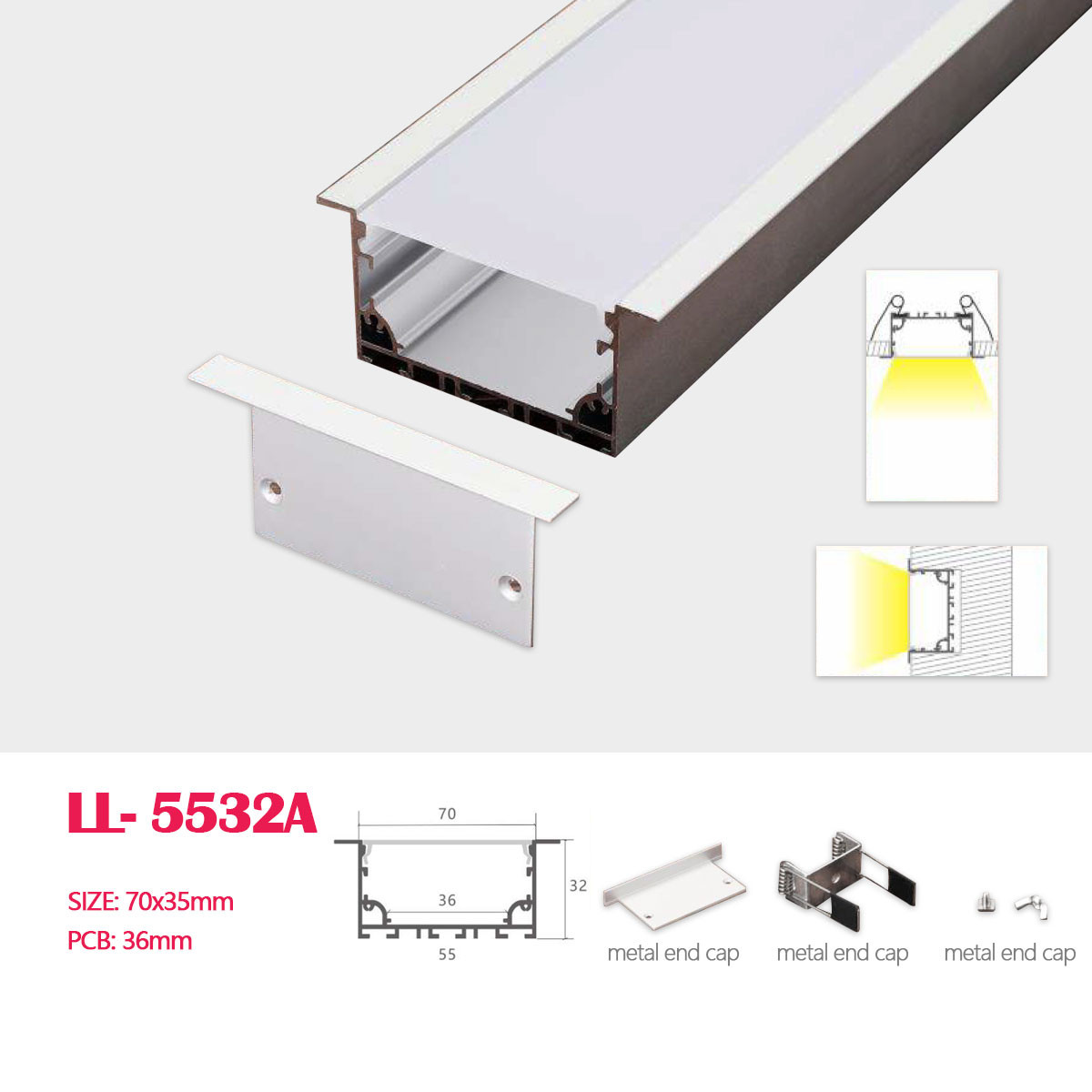 1M (3.28FT)70MM*55MM Square  Aluminum Profile with Flat  cover, Suspension wire and  Metal clips for Recessed  Linear Lighting Installation