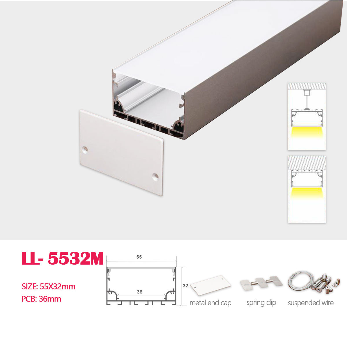 1M (3.28FT)55MM*32MM Square Aluminum Profile with Flat PC cover and Metal Hardware can be used for Hanging or Surface Mounting LED strip Lights Application