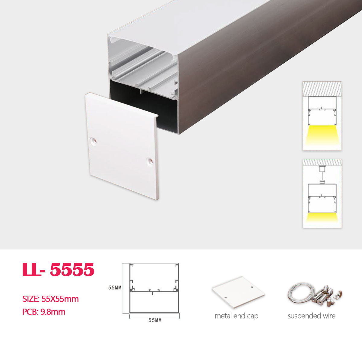 1M (3.28FT) 55MM*55MM Square Double-layer Aluminum Profile with Flat cover,Suspension wire for Pendant or Surface Mounting LED Linear  Lighing