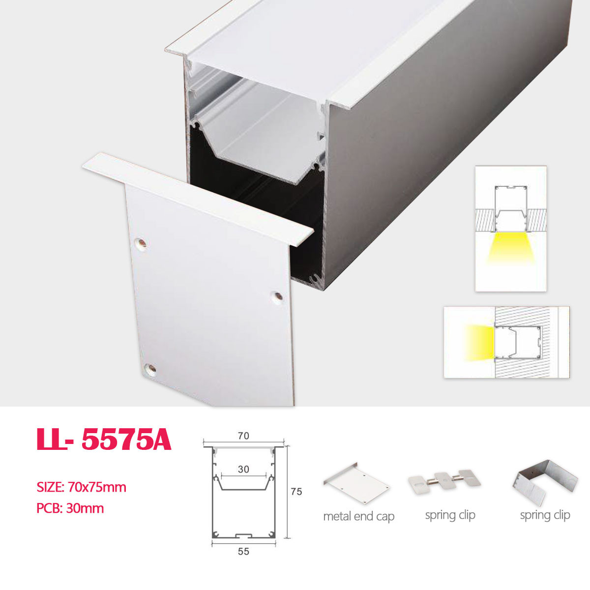 1M (3.28FT)70MM*75MM Square Double-layer Aluminum Profile with Flat cover and clips, Recessed Mounting and Pendant Hardware for Recessed LED Linear Lighting