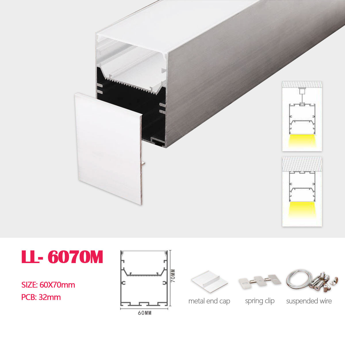 1M (3.28FT) 60MM*70MM Square Double-layer Aluminum Profile with Flat  cover ,Suspension wire,Suspended Mounting clips for Hanging or Surface Mounted LED Strip Lighting