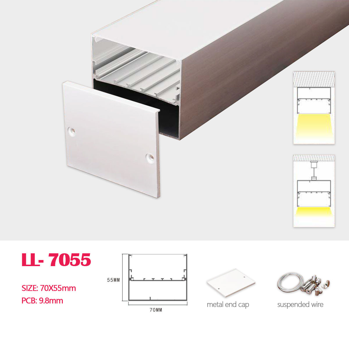 1M (3.28FT)70MM*55MM Square Double-layerAluminum Profile with Flat  cover , Suspension wire and , Pendant Hardware for hanging or Surface Mounting LED Linear Lighting
