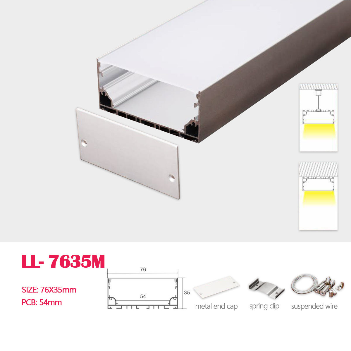1M (3.28FT) 76MM*35MM Square Aluminum Profile with Flat PC cover  and Suspension wire,Suspended Mounting with Pendant Hardware for Hanging or Surface Mounted Lighting
