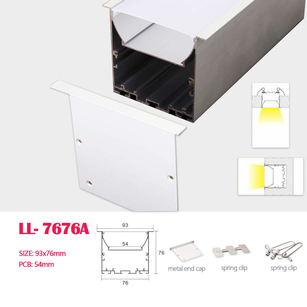1M (3.28FT) 93MM*76MM  Square Double-layer Aluminum Profile with Flat PC cover and Suspension wire, Suspended Mounting with Pendant Hardware for Recessed LED Linear Light