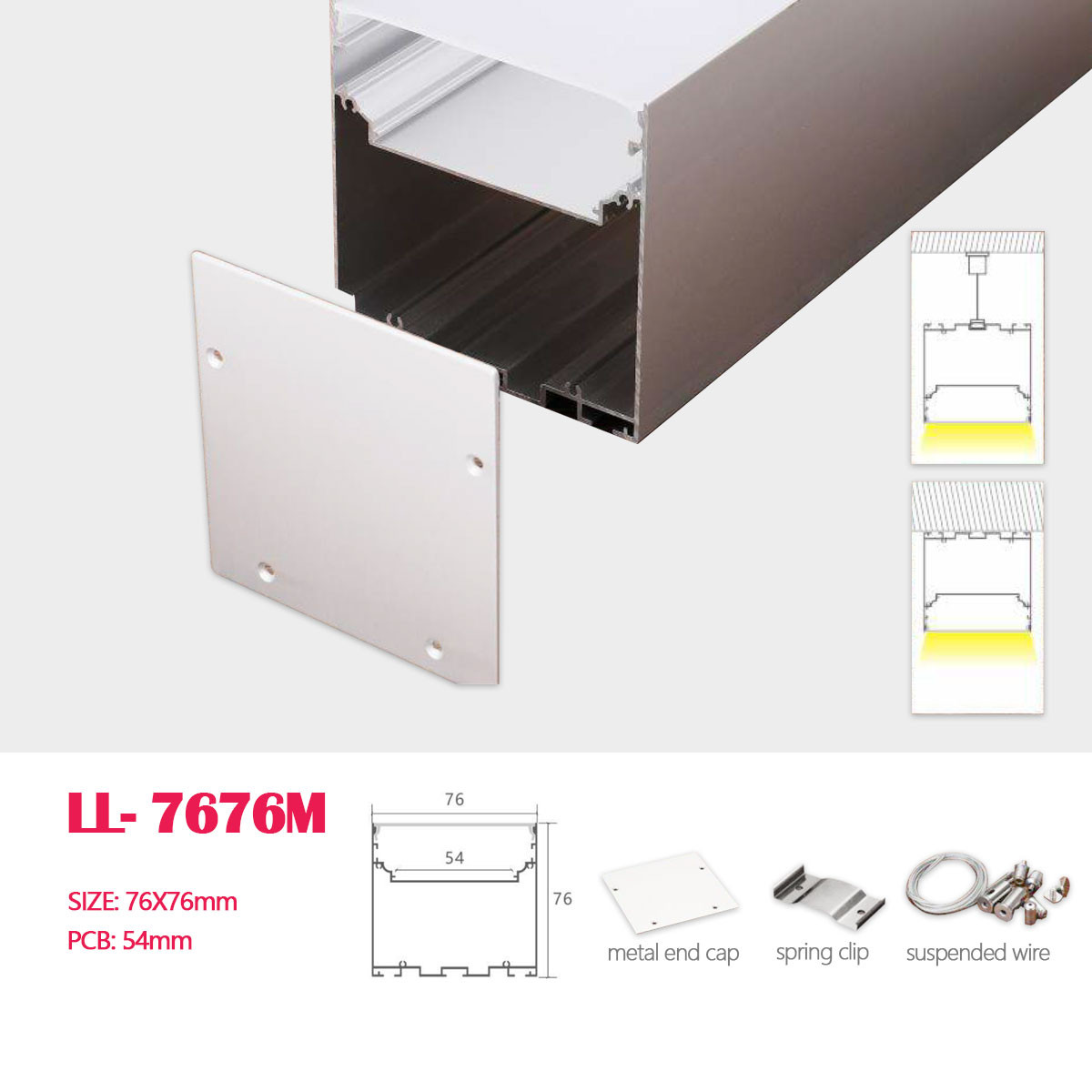 1M (3.28FT)76MM*76MM Square Double-layer Aluminum Profile with Flat PC cover and Suspension wire, Suspended Mounting with Pendant Hardware for Hanging or Surface mounted Lighting