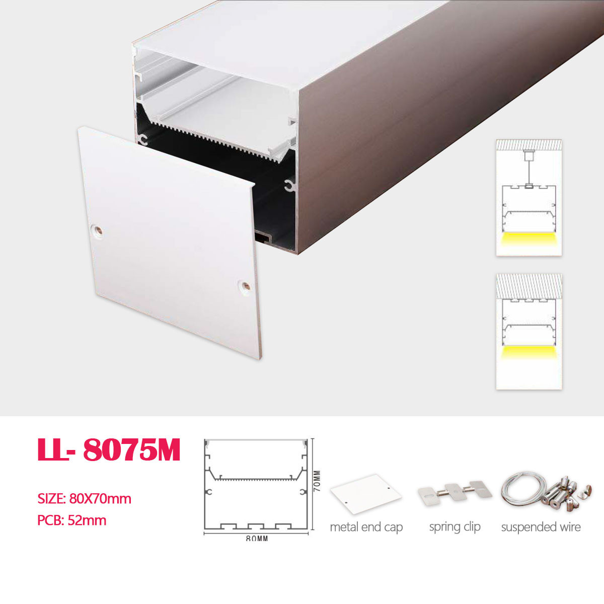 1M (3.28FT) 80MM*70MM Square Double-layer Aluminum Profile with Flat PC cover and clips, Suspended Mounting with Pendant Hardware for Hanging or Surface Mounted LED Linear Light
