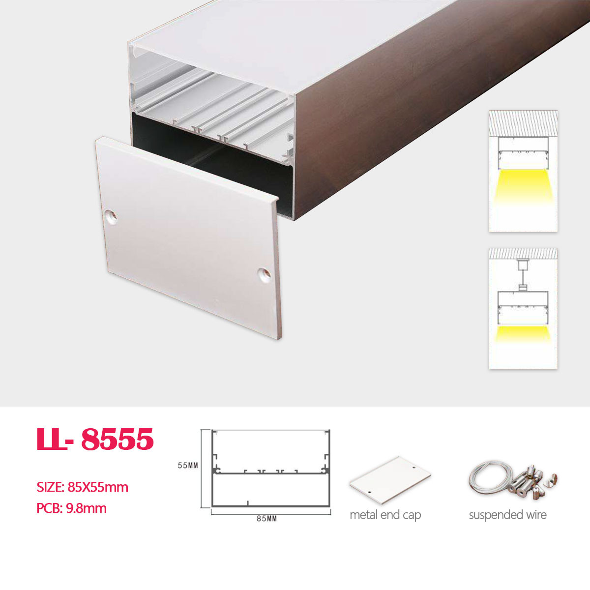 1M (3.28FT)85MM*55MM Square Double-Layer Aluminum Profile with Flat PC cover , Suspension wire,  Suspended Mounting and Pendant Hardware for hanging or Surface Mounted LED Linear Lighting