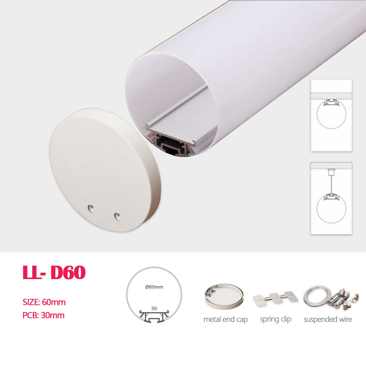 1M (3.28FT) D60MM LED Aluminum Profile with Round PC cover and  Pendant Hardware for Hanging or Surface mounting LED Linear Lighting