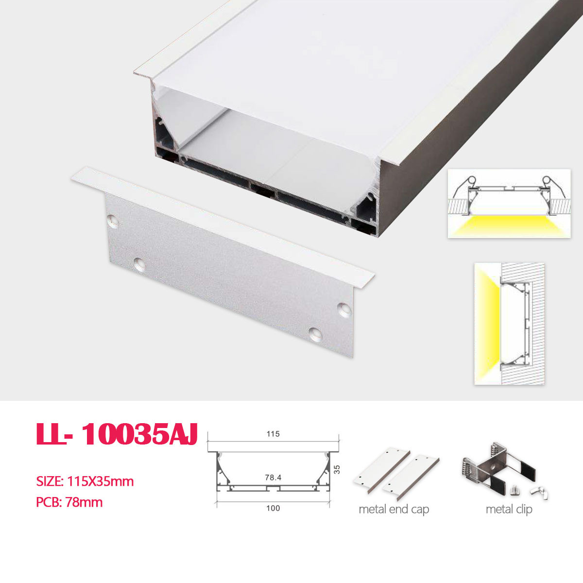 1M (3.28FT) 115MM*35MM Big Size Square Aluminum Profile with Flat cover and Clips, Pendant Hardware for Recessed Led  Lighting