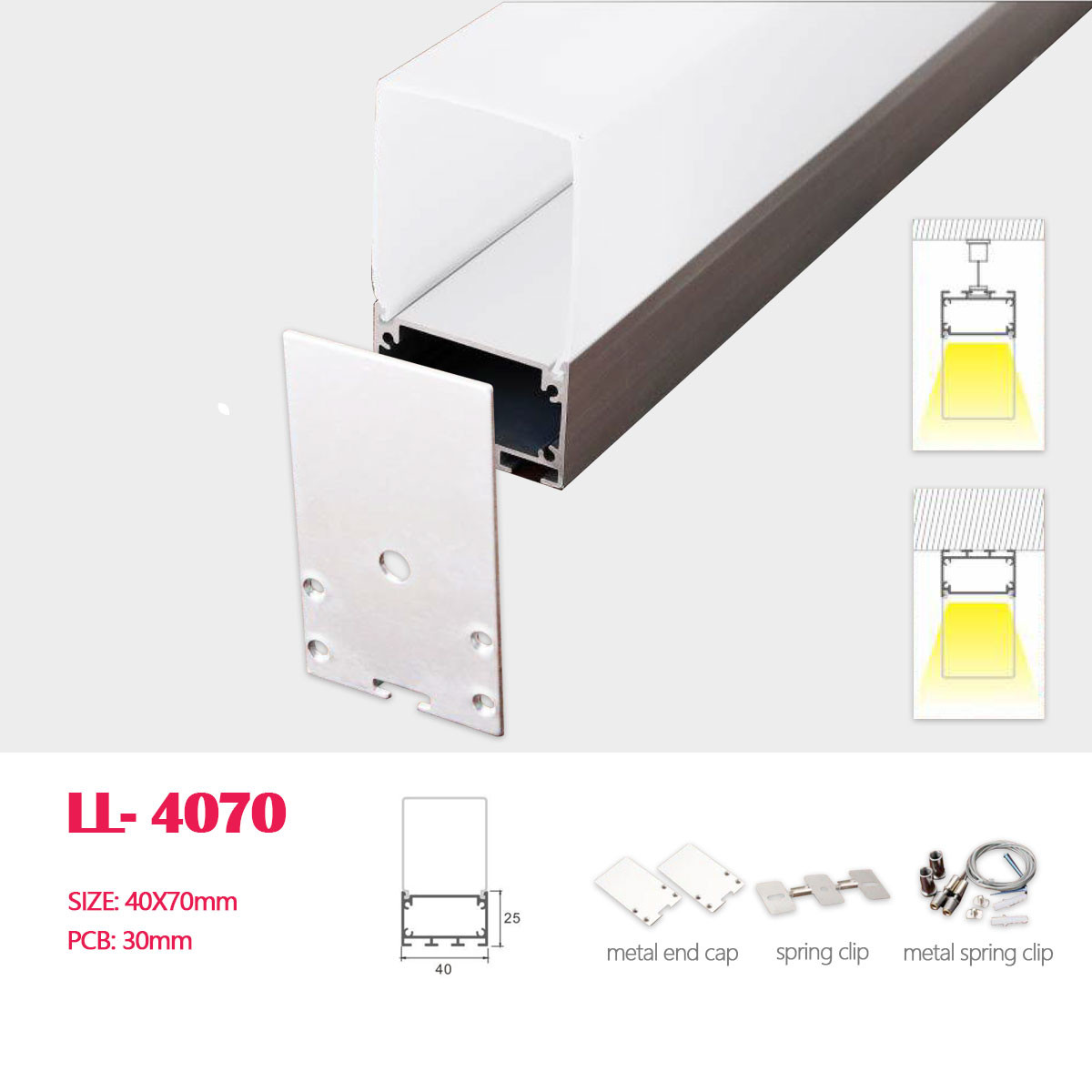 1M (3.28FT) 40MM*70MM Hanging or Surface mounted LED Aluminum Profile with Square cover，  Metal end Cap and Spring ClipS for LED Strip  Lighting Application