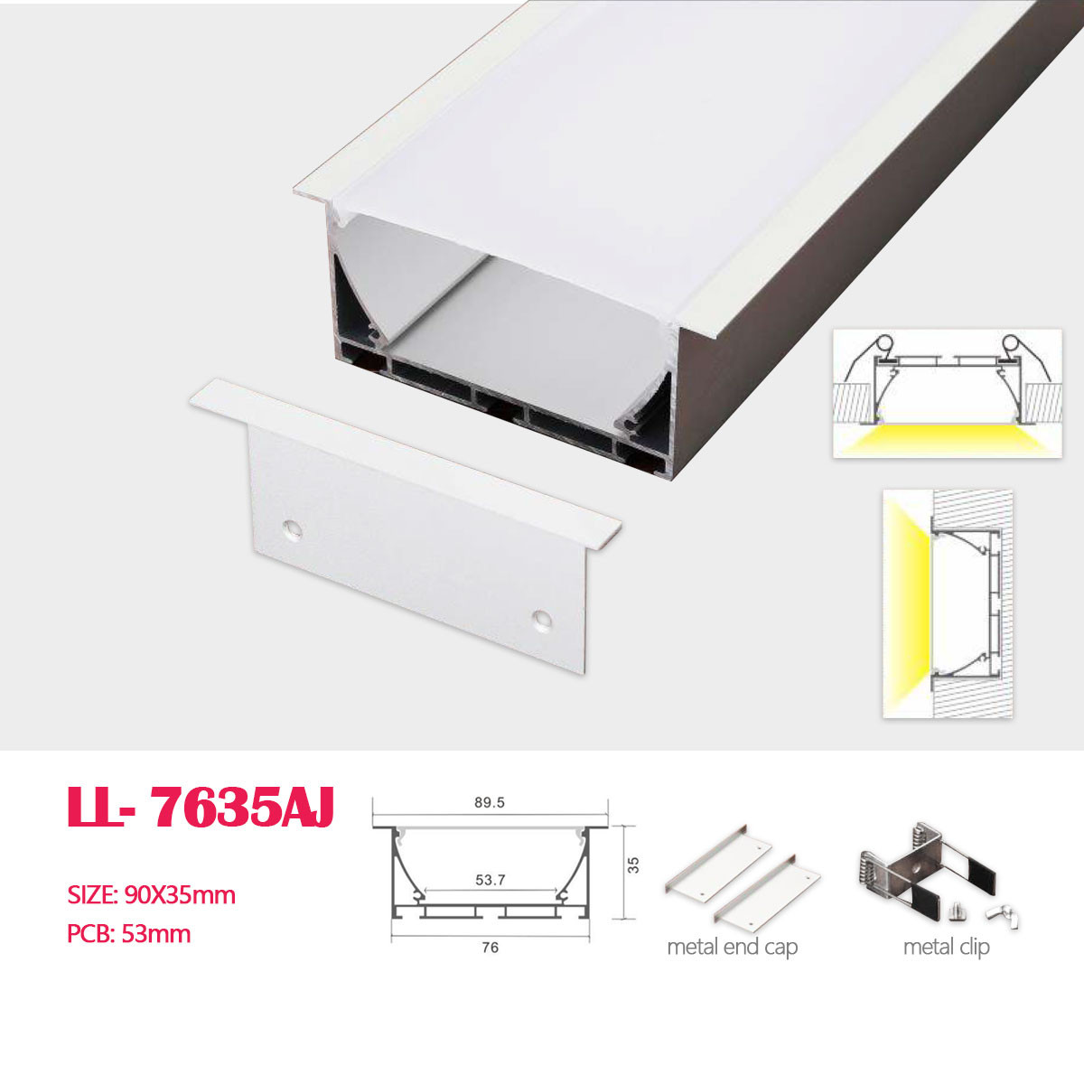 1M (3.28FT) 90MM*35MM Square Aluminum Profile with Flat PC cover , Clips and Pendant Hardware for Recessed  LED Linear Lighting