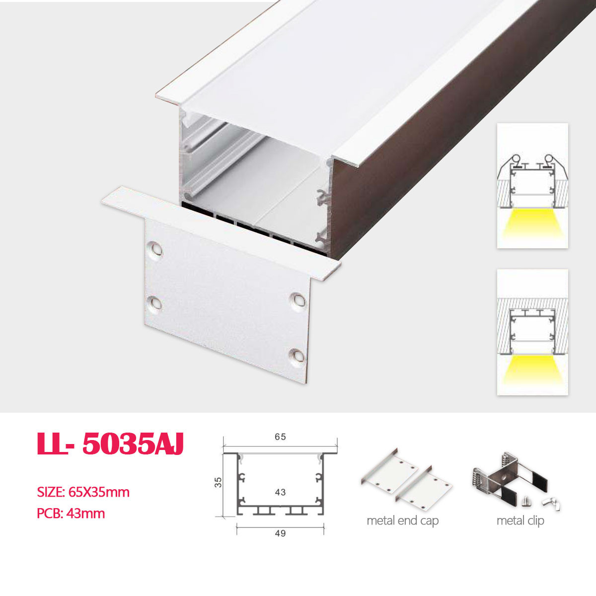 1M (3.28FT) 65MM*35MM   Square Aluminum Profile with Flat cover Recessed Mounting with Pendant Hardware Included