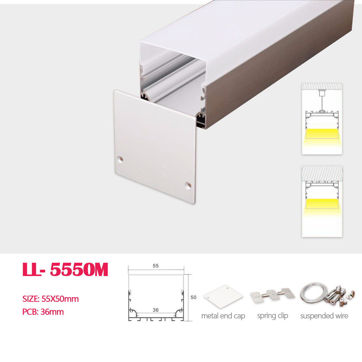 1M (3.28FT)55MM*50MM  Square Aluminum Profile with Flat  cover and Pendant Hardware for Suspended or Surface Mounting LED Linear Light
