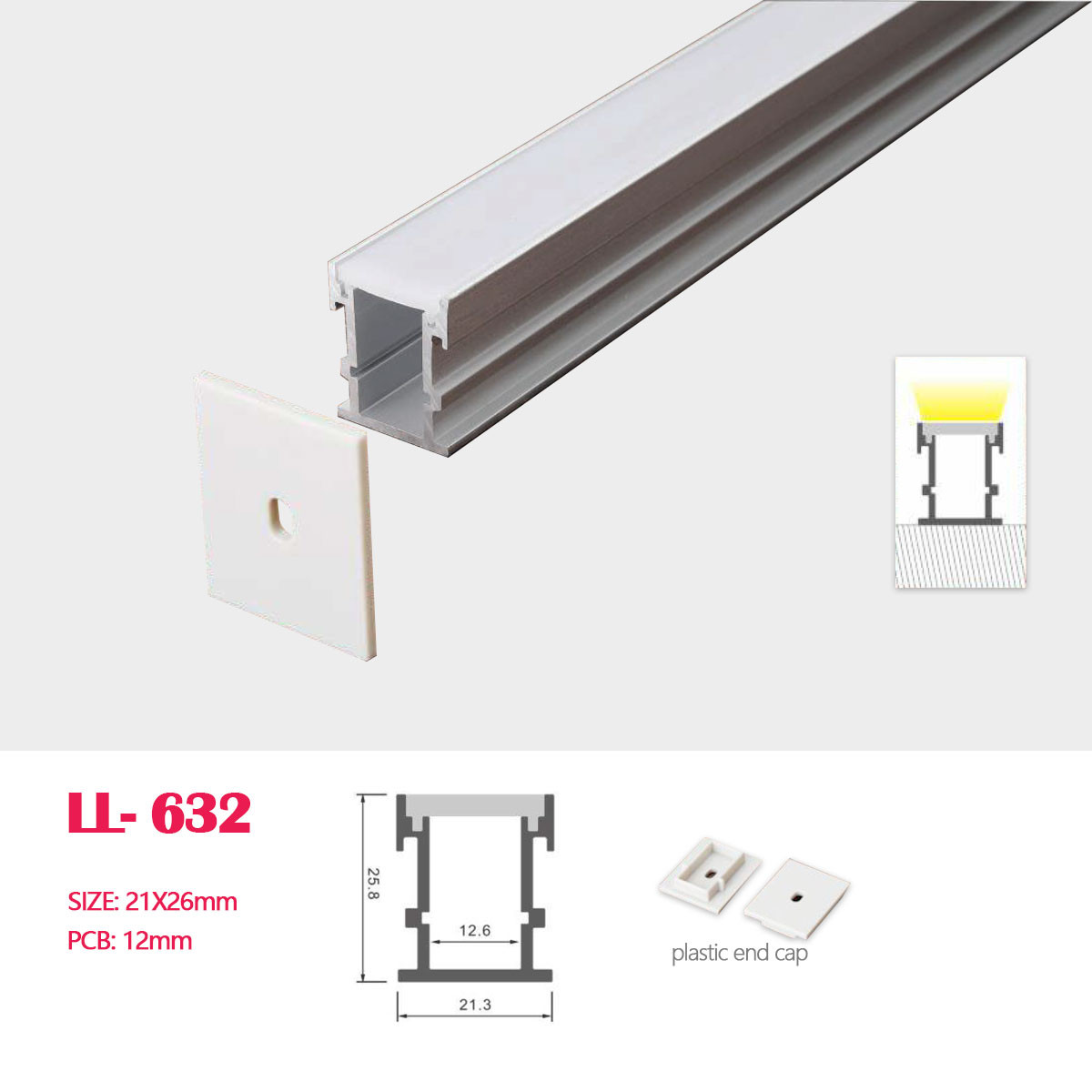 1M(3.28FT) 21.3MM*25.8MM  LED Aluminum Profile Flush/Surface Mounting for LED Rigid Strip Lighting System
