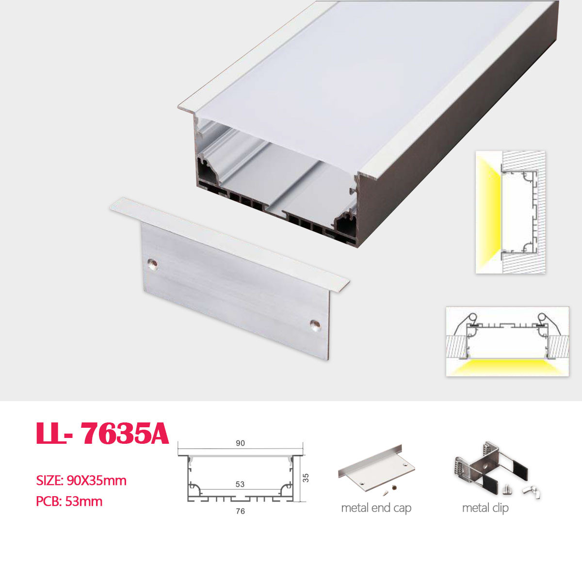 1M (3.28FT)90MM*35MM Square Aluminum Profile with Flat PC cover ans clips and Pendant Hardware for Recessed Led Linear Lighting