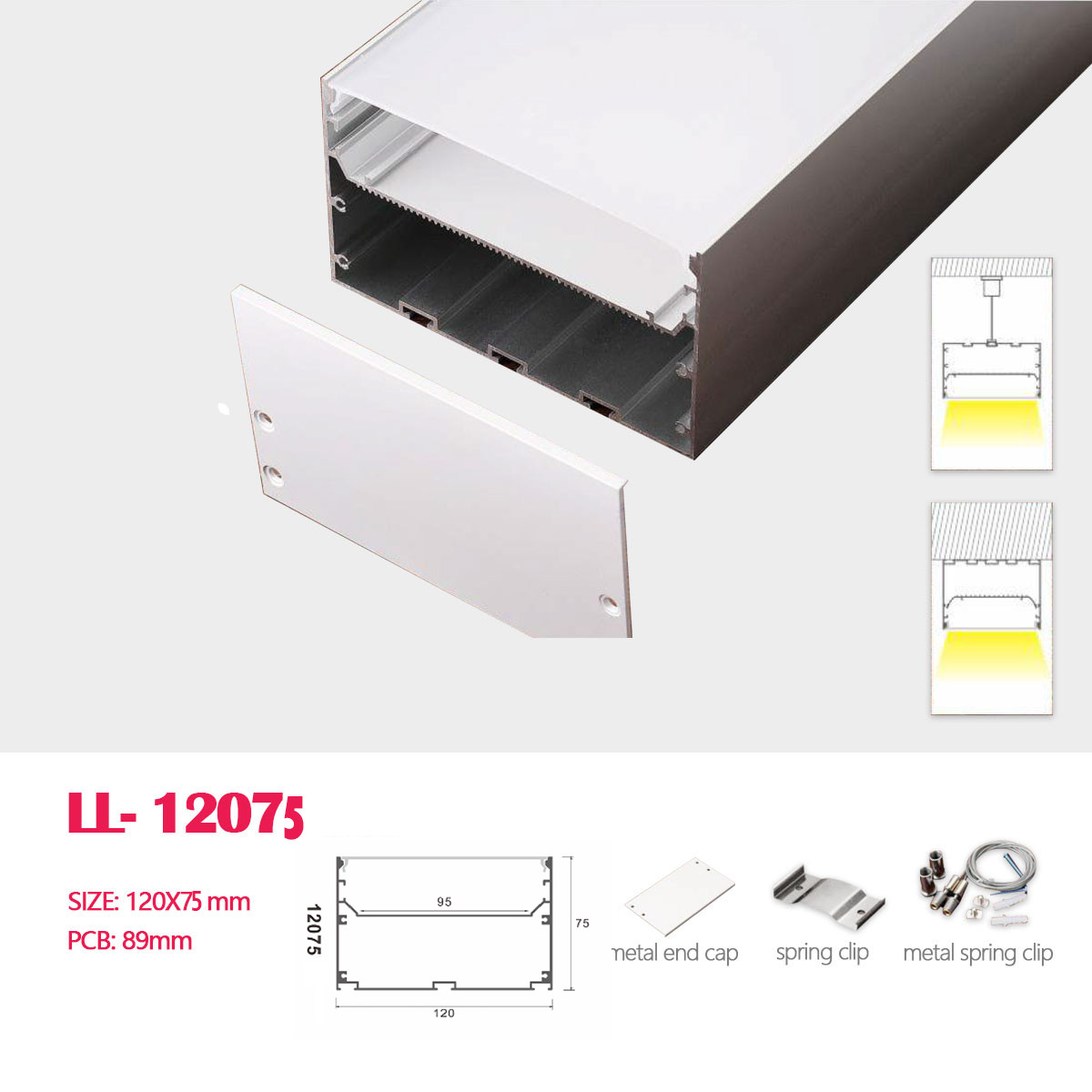 1M (3.28FT)120MM*75MM Double layers Square Aluminum Profile with Flat  cover and Suspension wire, Suspended Mounting with Pendant Hardware Included