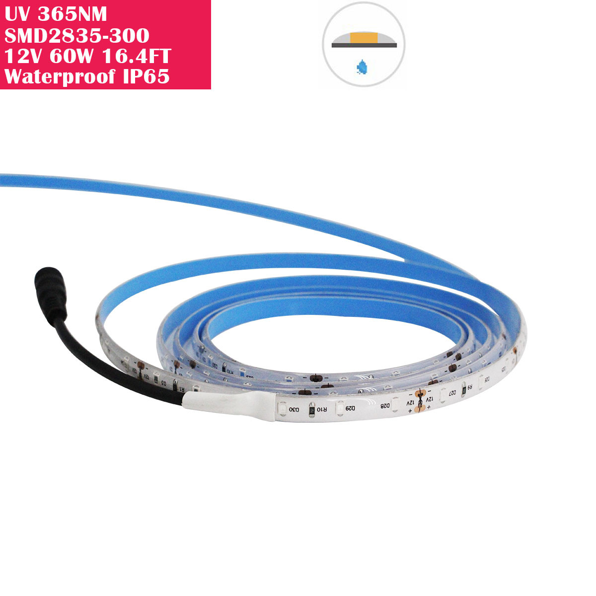 5 Meter (16.4 Feet) UV Ultraviolet 365nm SMD2835-300 12VDC 60Watt 60LED/Meter Waterproof  Flexible LED Strip Lights