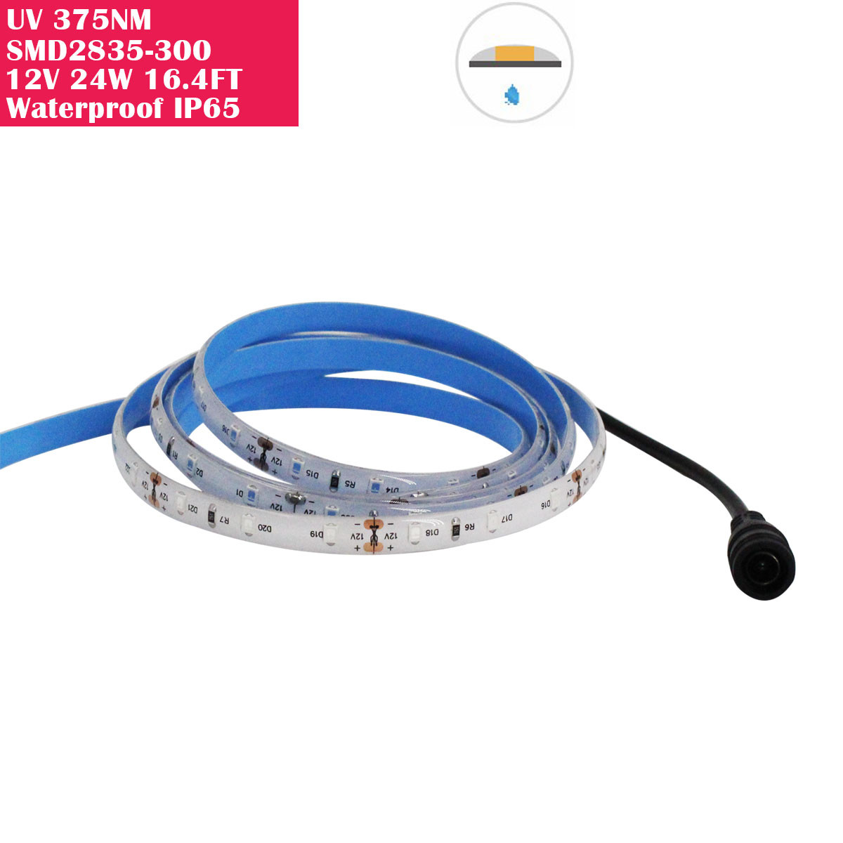 5 Meter (16.4 Feet) UV Ultraviolet 375nm SMD2835-300 12VDC 24Watt 60LED/Meter Waterproof  Flexible LED Strip Lights