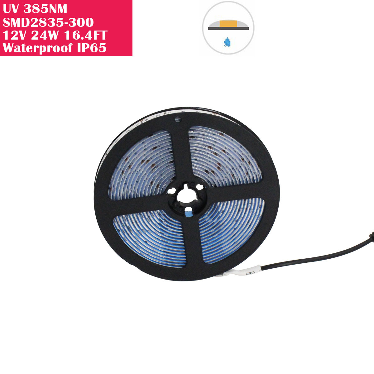 5 Meter (16.4 Feet) UV Ultraviolet 385nm SMD2835-300 12VDC 24Watt 60LED/Meter Waterproof  Flexible LED Strip Lights