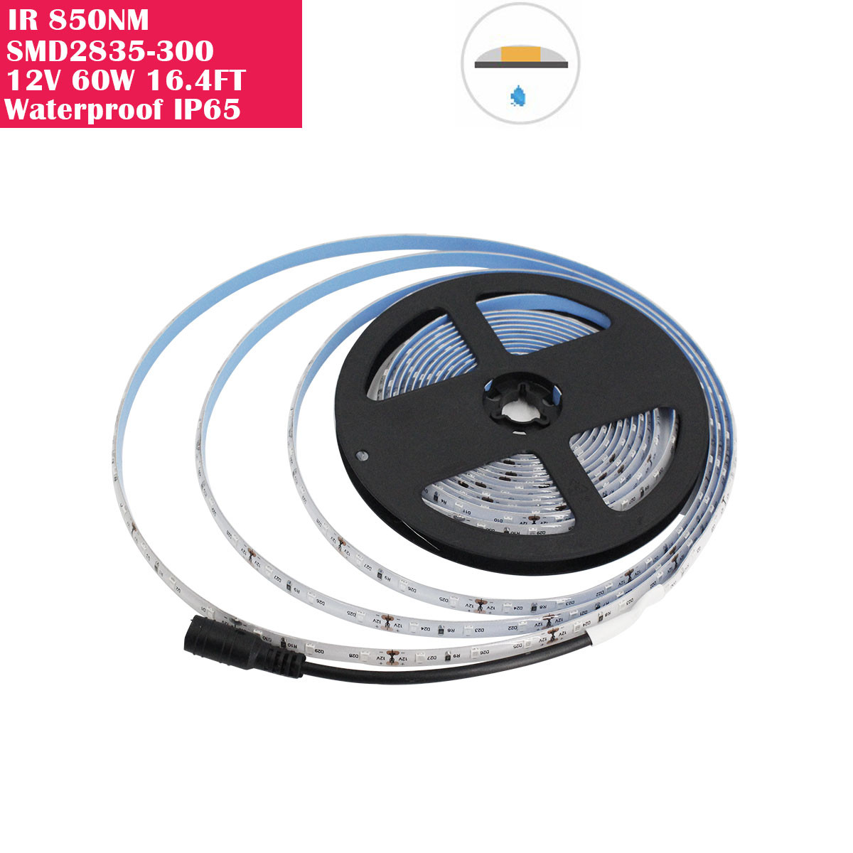 5 Meter (16.4 Feet) IR Infrared 850nm SMD2835-300 12VDC 60Watt 60LED/Meter Waterproof  Flexible LED Strip Light