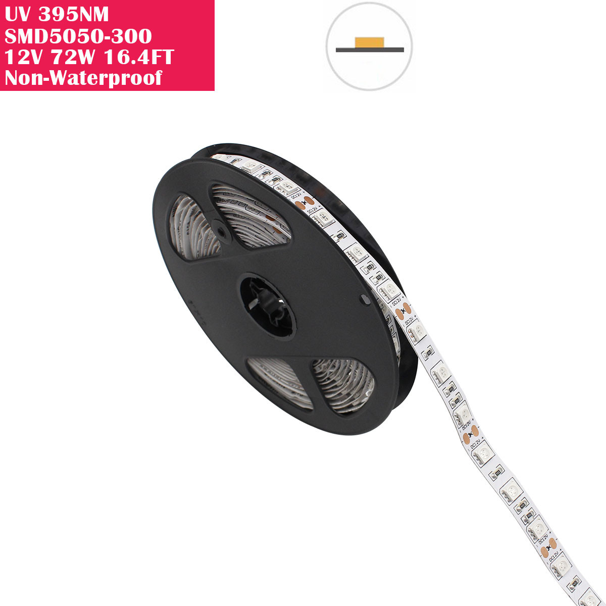 5 Meter (16.4 Feet) UV Ultraviolet 395nm SMD5050-300 12VDC 72Watt 60LED/Meter Non-Waterproof  Flexible LED Strip Lights
